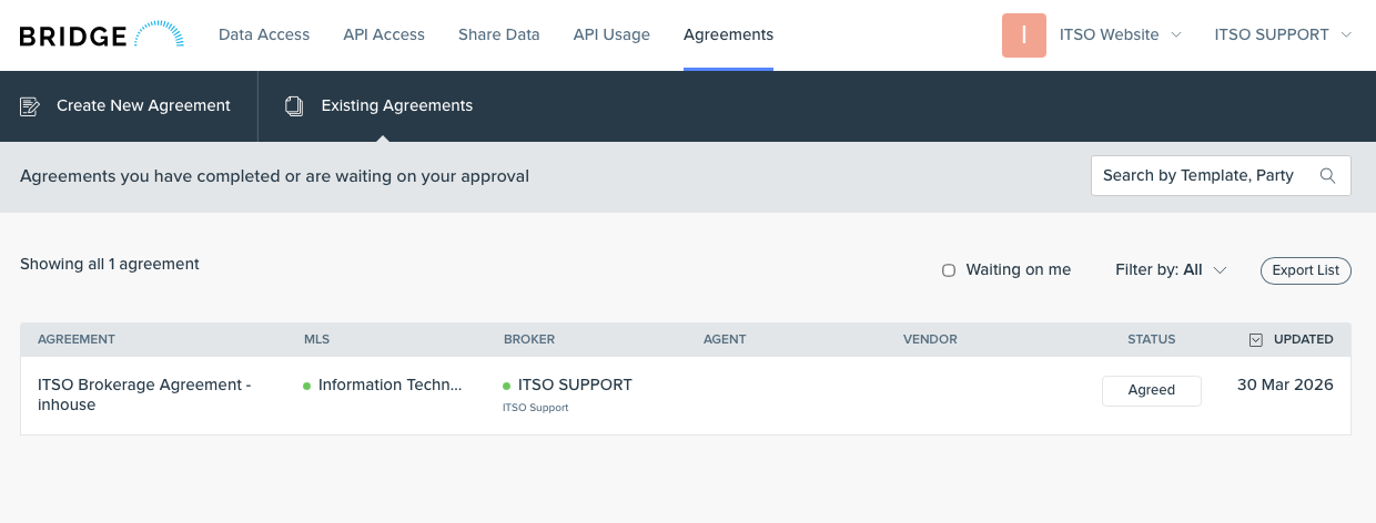 Existing Agreements list with Agreed status