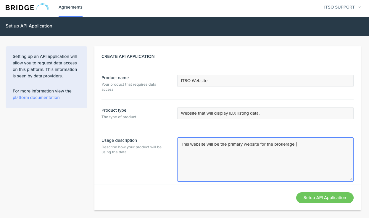 Create API Application form filled out