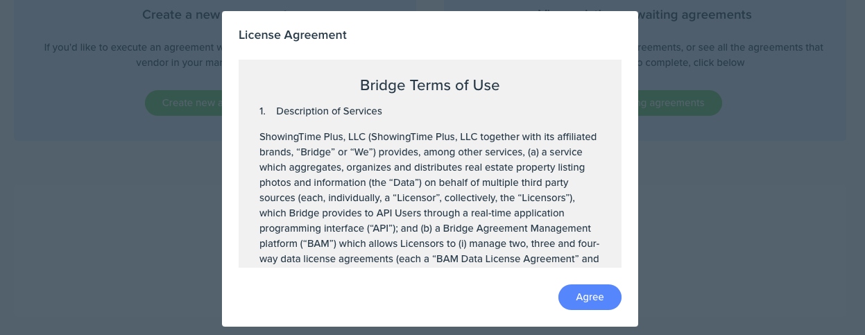 Bridge Terms of Use modal on first login
